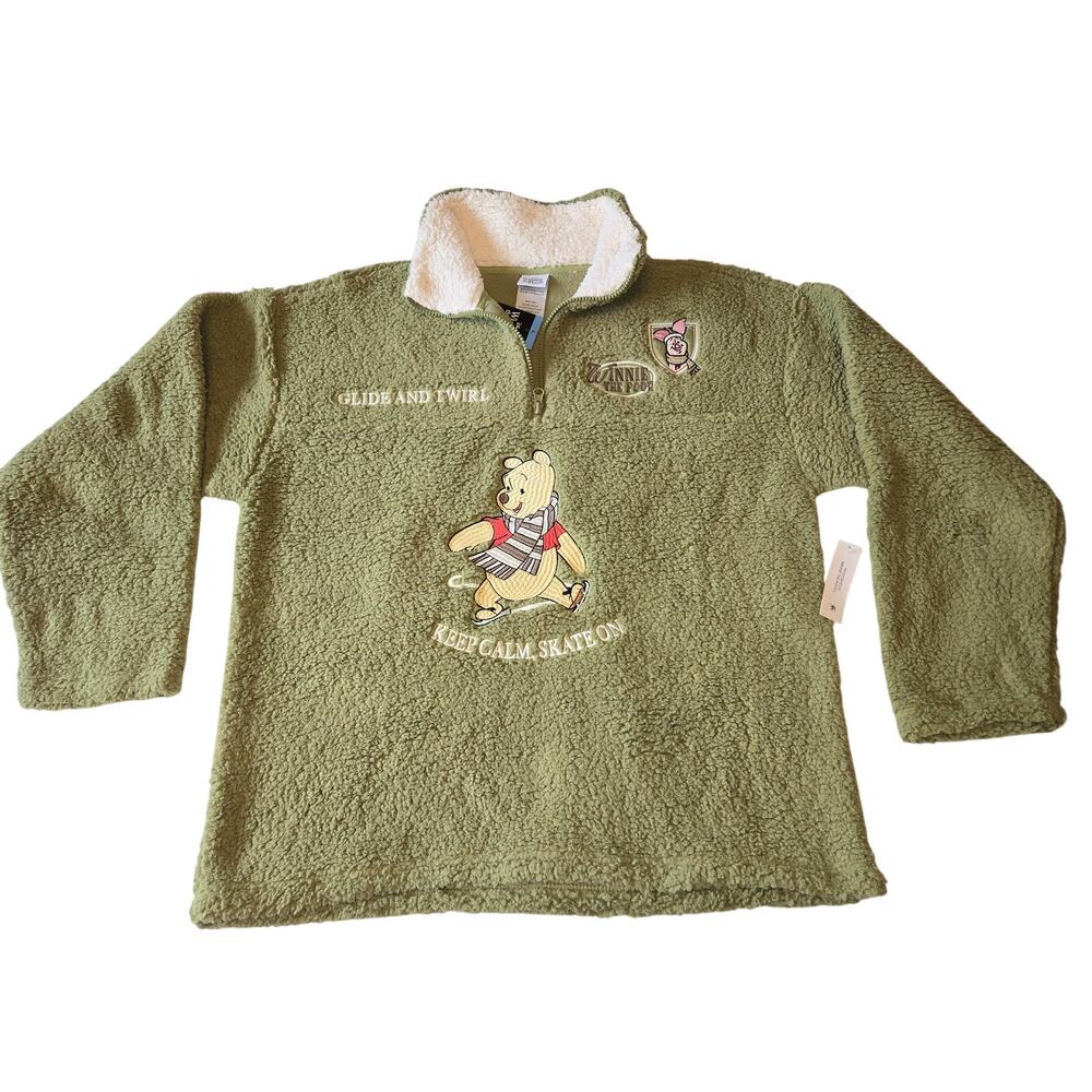 Sz Large DISNEY Green Winnie The Pooh Piglet Skating 1/4 Zip Sherpa Jacket